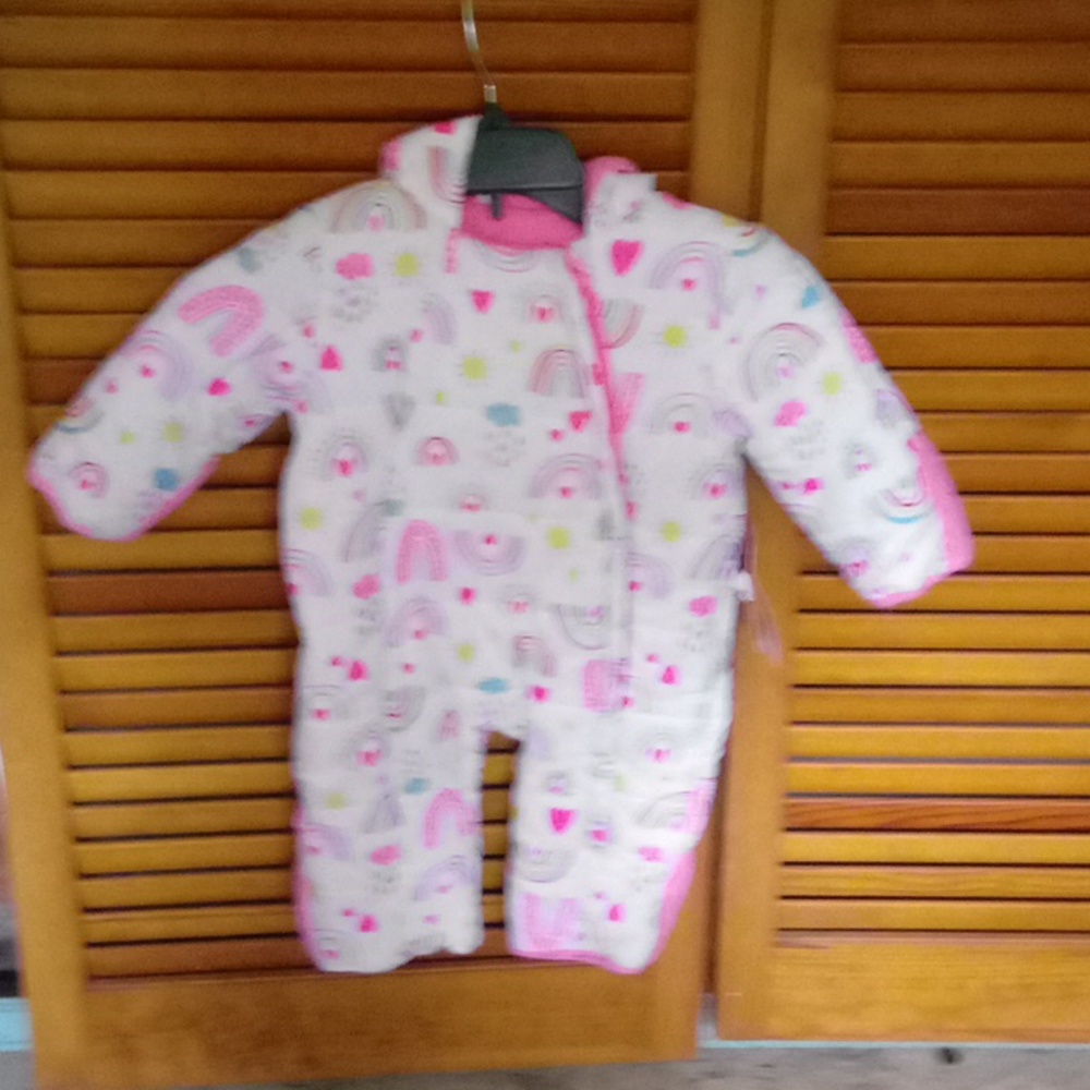 White and pink hooded baby one piece